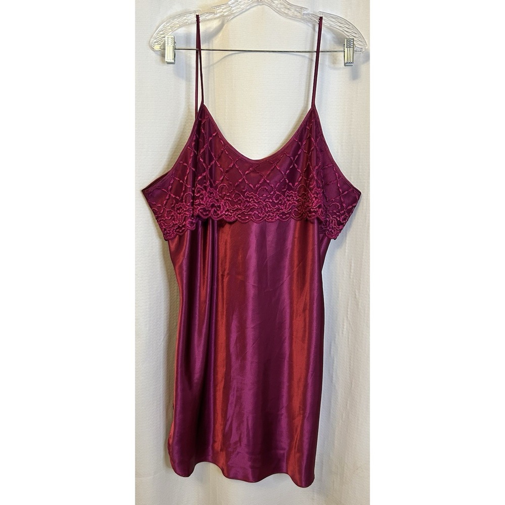 VTG Burgundy Liquid Satin Chemise Babydoll Nightgown 2X Curvy Sexy Coquette